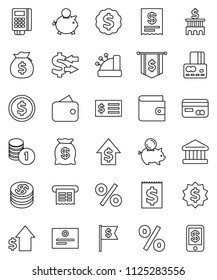 thin line vector icon set - certificate vector, bank, exchange, dollar coin, credit card, wallet, money bag, piggy, growth, stack, building, receipt, medal, flag, percent, reader, cashbox, tap pay