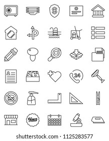 thin line vector icon set - scraper vector, cleaner trolley, clothespin, sponge, liquid soap, plates, mushroom, pencil, corner ruler, microscope, certificate, personal information, university, safe