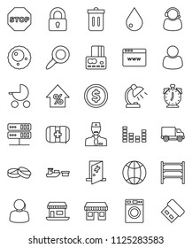 thin line vector icon set - trash bin vector, water drop, washer, table lamp, alarm clock, magnifier, dollar coin, credit card, percent growth, first aid kit, office, support, delivery, port, pills