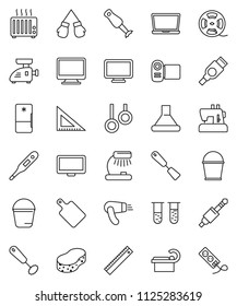 thin line vector icon set - bucket vector, sponge, whisk, spatula, cutting board, blender, corner ruler, table lamp, boxing glove, gymnast rings, film spool, monitor, hdmi, jack, thermometer, vial