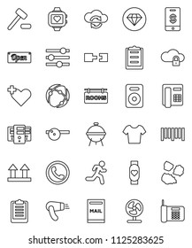 thin line vector icon set - garbage pile vector, bbq, clipboard, t shirt, heart monitor, run, top sign, barcode, speaker, cross, eye doctor hat, connection, cloud exchange, lock, server, equalizer