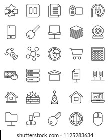thin line vector icon set - world vector, cart, laptop graph, calculator, earth, document, dry cargo, antenna, satellitie, mobile phone, speaking man, social media, pause button, server, folder, key