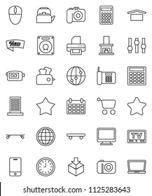 thin line vector icon set - kettle vector, calculator, clock, calendar, skateboard, dry cargo, package, camera, settings, tv, video, internet, mobile phone, globe, fireplace, building, star, new