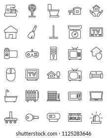 thin line vector icon set - broom vector, vacuum cleaner, mop, bath, toilet, house hold, tv, home, cottage, chalet, sold signboard, apartments, cushioned furniture, protect, password, coffee maker