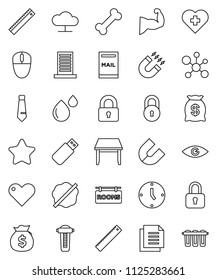 thin line vector icon set - splotch vector, ruler, magnet, molecule, money bag, clock, tie, muscule hand, heart cross, bone, document, eye, blood drop, cloud network, lock, mailbox, rooms signboard