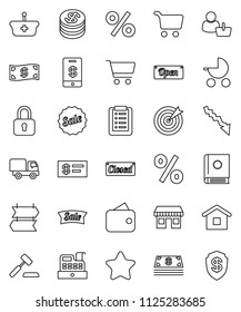 thin line vector icon set - cart vector, crisis, office, dollar coin, wallet, cash, star, sale, open, closed, percent, customer, target, cashbox, basket, home, shopping list, auction, delivery, lock