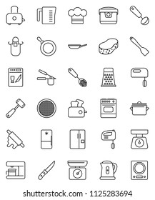 thin line vector icon set - sponge vector, pan, kettle, measuring cup, scales, cook hat, apron, press, skimmer, spatula, ladle, knife, rolling pin, meat hammer, grater, toaster, sieve, fridge, mixer