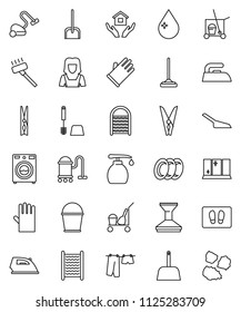 thin line vector icon set - cleaner trolley vector, vacuum, mop, scoop, bucket, clothespin, water drop, car fetlock, welcome mat, iron, drying clothes, toilet brush, washer, liquid soap, washboard