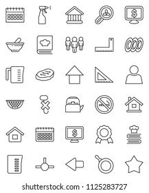 thin line vector icon set - sprayer vector, pan, kettle, colander, measuring cup, cookbook, plates, steak, corner ruler, medal, university, man, arrow up, calendar, monitor dollar, no smoking, hook