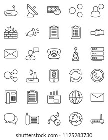 thin line vector icon set - clipboard vector, satellite, phone, antenna, internet, dialog, speaking man, mail, big data, firewall, router, lan connector, share, refresh, loudspeaker, tap pay