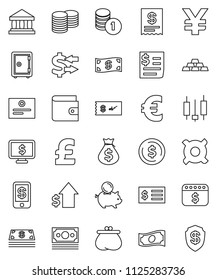 thin line vector icon set - certificate vector, bank, exchange, dollar coin, japanese candle, wallet, cash, money bag, piggy, growth, stack, receipt, safe, calendar, monitor, any currency, euro sign