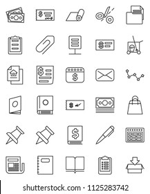 thin line vector icon set - cleaner trolley vector, book, copybook, pen, schedule, paper pin, constellation, check, annual report, dollar calendar, clipboard, fitness mat, money, receipt, document