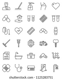 thin line vector icon set - rake vector, liquid soap, house hold, buttocks, pills, heart monitor, no trolley, doctor bag, pulse, vial, crutches, patch, stethoscope, blister, anamnesis, drop counter