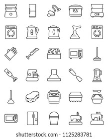 thin line vector icon set - plunger vector, vacuum cleaner, mop, bucket, sponge, washing powder, rubber glove, kettle, spatula, microwave oven, double boiler, blender, fridge, washer, coffee maker