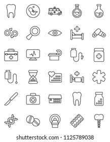 thin line vector icon set - flask vector, heart monitor, first aid kit, doctor bag, ambulance star, eye, gender sign, dna, magnifier, pregnancy, scalpel, sand clock, pills, bottle, blister, building