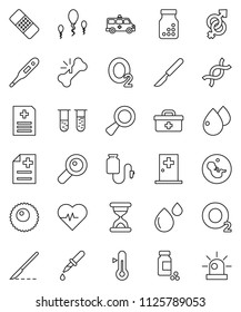 thin line vector icon set - thermometer vector, heart pulse, pills vial, oxygen, doctor bag, gender sign, dna, magnifier, pregnancy, dropper, scalpel, broken bone, sand clock, patch, bottle, counter