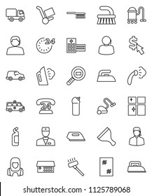 thin line vector icon set - scraper vector, vacuum cleaner, fetlock, window cleaning, iron, steaming, agent, shining, woman, dollar cursor, phone 24, support, car, cargo search, doctor, amkbulance
