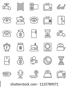 thin line vector icon set - water tap vector, washboard, kettle, glasses, alarm clock, money bag, sand, big scales, video camera, microphone, classic phone, fridge, tv, kitchen, sewing machine