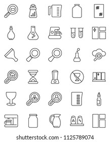 thin line vector icon set - scraper vector, window cleaning, shining, oil, measuring cup, hand mill, spices, jug, jar, magnifier, flask, no alcohol sign, glass, cargo search, vial, sand clock, cloud