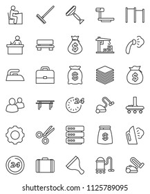 thin line vector icon set - scraper vector, vacuum cleaner, rake, iron, steaming, student, case, money bag, horizontal bar, big scales, group, scissors, data, gear, bench, construction crane