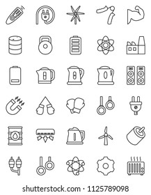 thin line vector icon set - kettle vector, atom, magnet, weight, hand trainer, muscule, boxing glove, gymnast rings, oil barrel, remote control, battery, rca, gear, windmill, air conditioner, heater