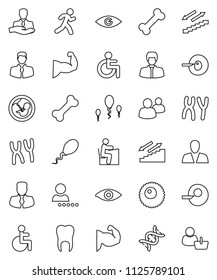 thin line vector icon set - student vector, manager, muscule hand, stairways run, bone, client, group, disabled, eye, dna, pregnancy, insemination, chromosomes, sperm, ovule, tooth, login, consumer