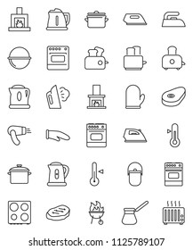 thin line vector icon set - iron vector, steaming, pan, camping cauldron, kettle, cook glove, turk coffee, toaster, oven, thermometer, bbq, steak, fireplace, hair dryer, heater