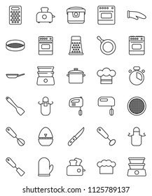 thin line vector icon set - pan vector, cook hat, apron, glove, timer, whisk, spatula, knife, grater, oven, double boiler, sieve, mixer, multi cooker, toaster