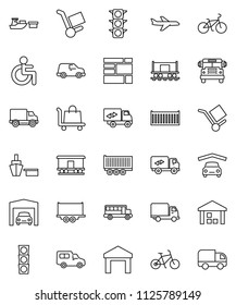 thin line vector icon set - school bus vector, bike, Railway carriage, plane, traffic light, truck trailer, sea container, delivery, car, port, consolidated cargo, warehouse, disabled, garage
