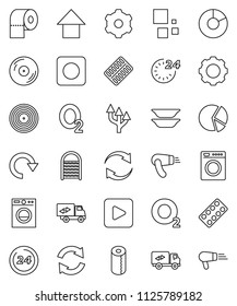 thin line vector icon set - washboard vector, toilet paper, plates, pie graph, arrow up, oxygen, disk, play button, rec, pills blister, gear, refresh, redo, loading, route, relocation truck, 24 hour