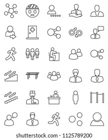 thin line vector icon set - student vector, manager, man, horizontal bar, stairways run, client, speaking, social media, group, gender sign, head bandage, medical room, doctor, share, login