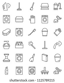 thin line vector icon set - broom vector, vacuum cleaner, mop, bucket, sponge, car fetlock, steaming, washer, washing powder, cleaning agent, rubber glove