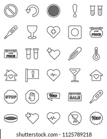 thin line vector icon set - sieve vector, heart pulse, prohibition sign, no alcohol, cross, attention, glass, rec button, thermometer, vial, undo, stop, sale signboard, low price, love home, new