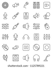 thin line vector icon set - disk vector, music hit, microphone, speaker, loudspeaker, settings, headphones, pause button, forward, rec, rca, jack, equalizer