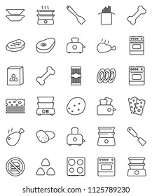 thin line vector icon set - spatula vector, toaster, oven, double boiler, plates, cereal, pasta, potato, steak, chicken leg, breads, no fastfood, bone
