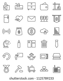thin line vector icon set - sponge vector, trash bin, window cleaning, house hold, microwave oven, blackboard, student, table lamp, archive, dollar coin, flag, tie, hierarchy, punching bag, medal