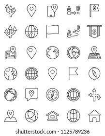 thin line vector icon set - compass vector, world, flag, dollar, route, navigator, earth, map pin, traking, internet, connection, globe, arrow, home