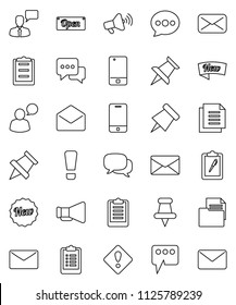thin line vector icon set - paper pin vector, clipboard, document, loudspeaker, mobile phone, dialog, speaking man, thumbtack, mail, message, attention sign, new, open