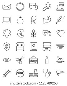 thin line vector icon set - colander vector, double boiler, pen, pencil, apple fruit, table lamp, notebook pc, euro sign, jump rope, punching bag, muscule hand, cereals, heart cross, hoop, dialog