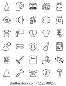 thin line vector icon set - broom vector, rake, toilet paper, towel, meat hammer, plates, copybook, blackboard, backpack, bell, percent growth, investment, dollar shield, boxing glove, t shirt