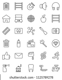 thin line vector icon set - vacuum cleaner vector, trash bin, welcome mat, sprayer, spatula, hand mill, mixer, double boiler, apple fruit, magnet, clipboard, target, molecule, water bottle, run