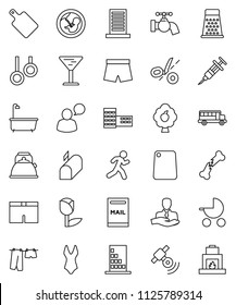 thin line vector icon set - water tap vector, bath, drying clothes, kettle, cutting board, grater, school building, bus, shorts, swimsuite, gymnast rings, run, client, glass, tulip, satellitie