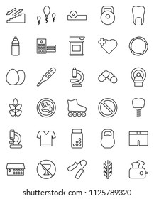 thin line vector icon set - egg vector, pills vial, weight, hand trainer, shorts, t shirt, roller Skates, sports nutrition, water bottle, stairways run, cereals, prohibition sign, no alcohol, hoop