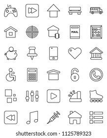 thin line vector icon set - calculator vector, school bus, abacus, music, university, piggy bank, arrow up, roller Skates, target, dry cargo, gamepad, settings, mobile phone, heart, thumbtack, home