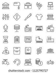 thin line vector icon set - water tap vector, sink, pen, archive, bank, coin stack, clipboard, t shirt, roller Skates, office, client, settings, tv, microphone, doctor bag, gender sign, sand clock