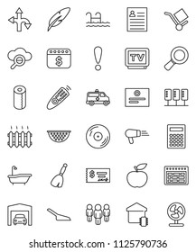 thin line vector icon set - broom vector, scoop, bath, toilet paper, colander, pen, calculator, schedule, certificate, personal information, magnifier, check, man, dollar calendar, diet, route, disk
