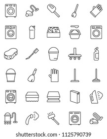 thin line vector icon set - broom vector, vacuum cleaner, mop, bucket, sponge, car fetlock, steaming, washer, washing powder, cleaning agent, rubber glove