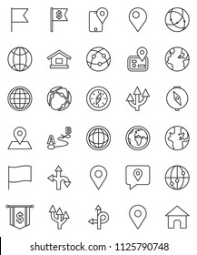 thin line vector icon set - compass vector, world, flag, dollar, route, navigator, earth, map pin, traking, internet, connection, globe, arrow, home