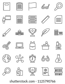 thin line vector icon set - book vector, copybook, pen, school building, blackboard, ruler, glasses, student, backpack, microscope, calculator, notebook pc, alarm clock, clipboard, award cup, world