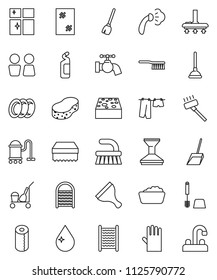 thin line vector icon set - plunger vector, scraper, cleaner trolley, broom, vacuum, fetlock, scoop, sponge, water drop, tap, car, window cleaning, steaming, drying clothes, toilet brush, foam basin